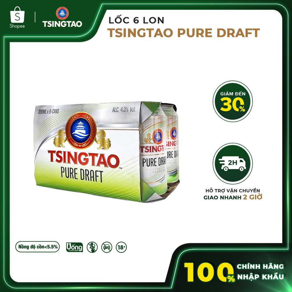 Lốc 6 lon Bia Tsingtao Pure Draft 330ml - Nhập Khẩu 100 % & Chính Hãng