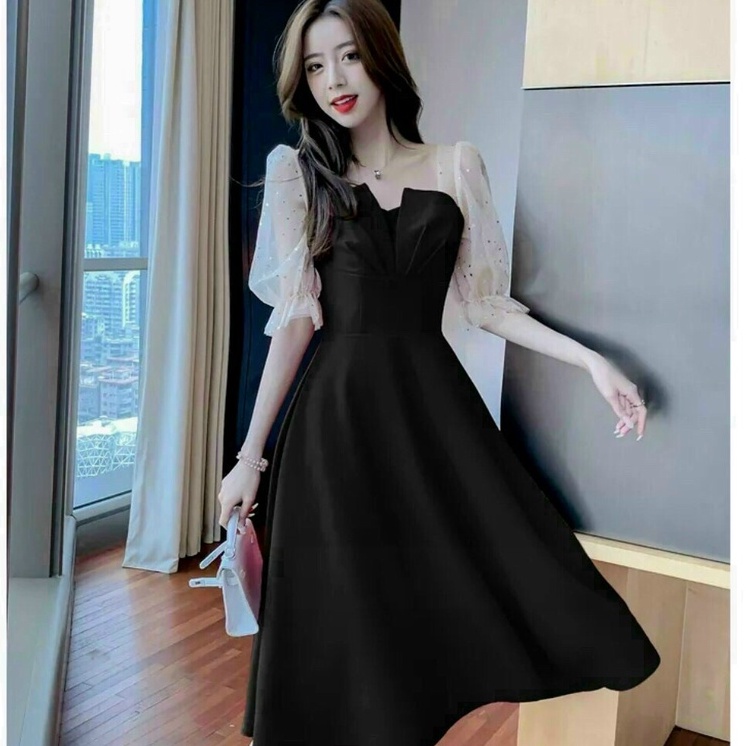 Đầm Xòe Dự Tiệc Dạo Phố Thiết Kế Cổ Vuông Tay Phối Lưới Chấm Bi Sang Chảnh Xinh Sắn Thời Trang Váy Nữ Xm Minh Phúc