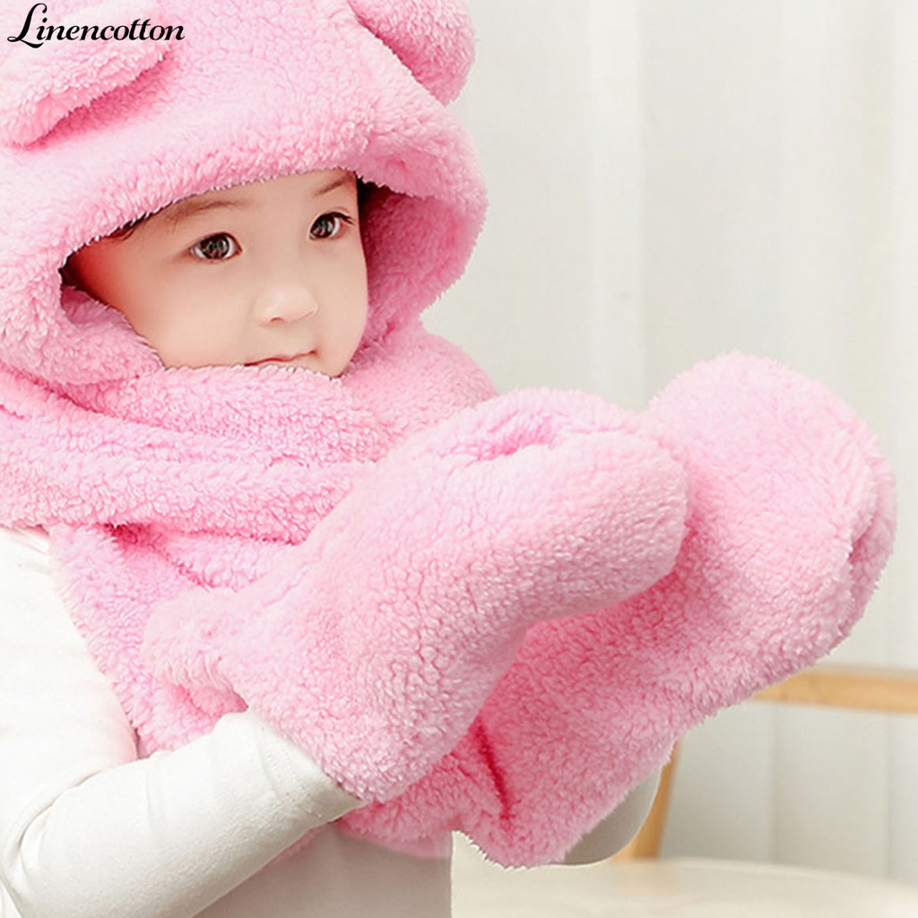 Nón kiêm khăn choàng cổ và găng tay bằng cotton lanh chống lạnh hình gấu dễ thương cho bé