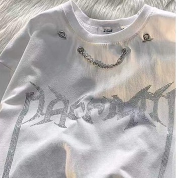 ZHELIHANGFEI Áo Thun Ngắn Tay Dáng Rộng Phối Dây Xích Đính Đá Kiểu Mỹ Dễ Phối Đồ