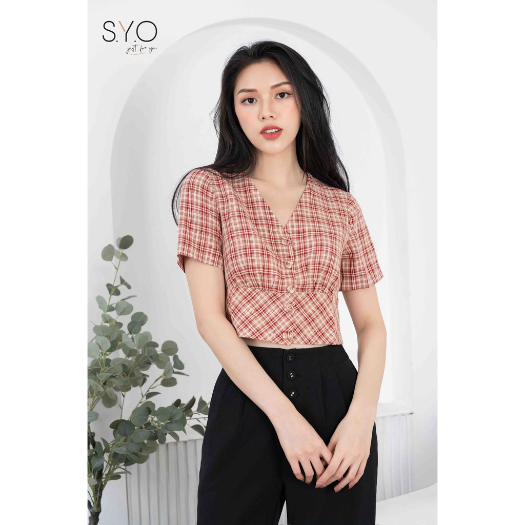 [Mã LT50 giảm 50k đơn 250k] Áo croptop kẻ cổ tim khuy bọc SYO A2009-21