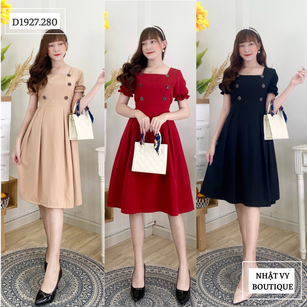 Đầm cổ vuông cúc gỗ chiết eo dây liền - D1927