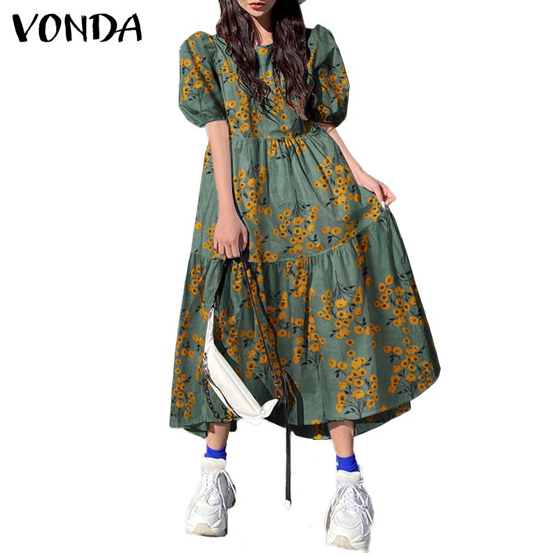 VONDA Đầm Dáng Rộng Tay Ngắn Phồng Họa Tiết Hoa Phong Cách Cổ Điển Cho Nữ  ྇