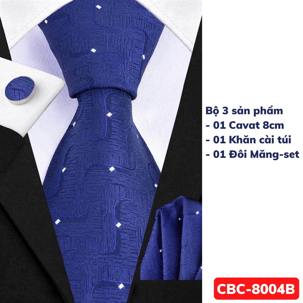 Bộ 3 món Cà vạt 8cm, Khăn cài túi áo vest, Măng-set cài tay Cravat công sở, Calavat chú rể