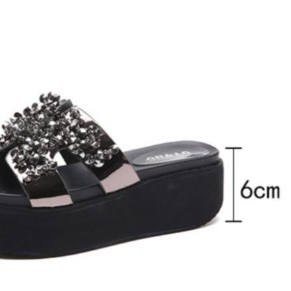 (ODER) Dép Đế Xuồng Nữ Cao Gót Quai Ngang Chữ H Đính Đá Cườm Cao 6Cm HAN