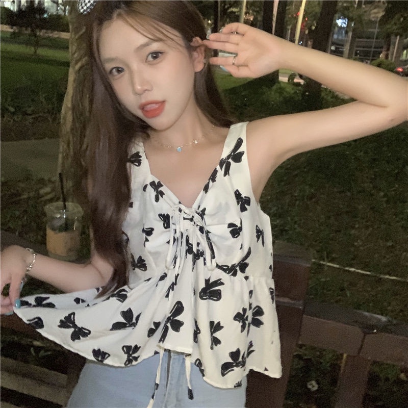 Plus Áo Sát Nách Cổ Chữ V Dáng Rộng Phối Dây Rút Đính Nơ Thời Trang Mùa Hè