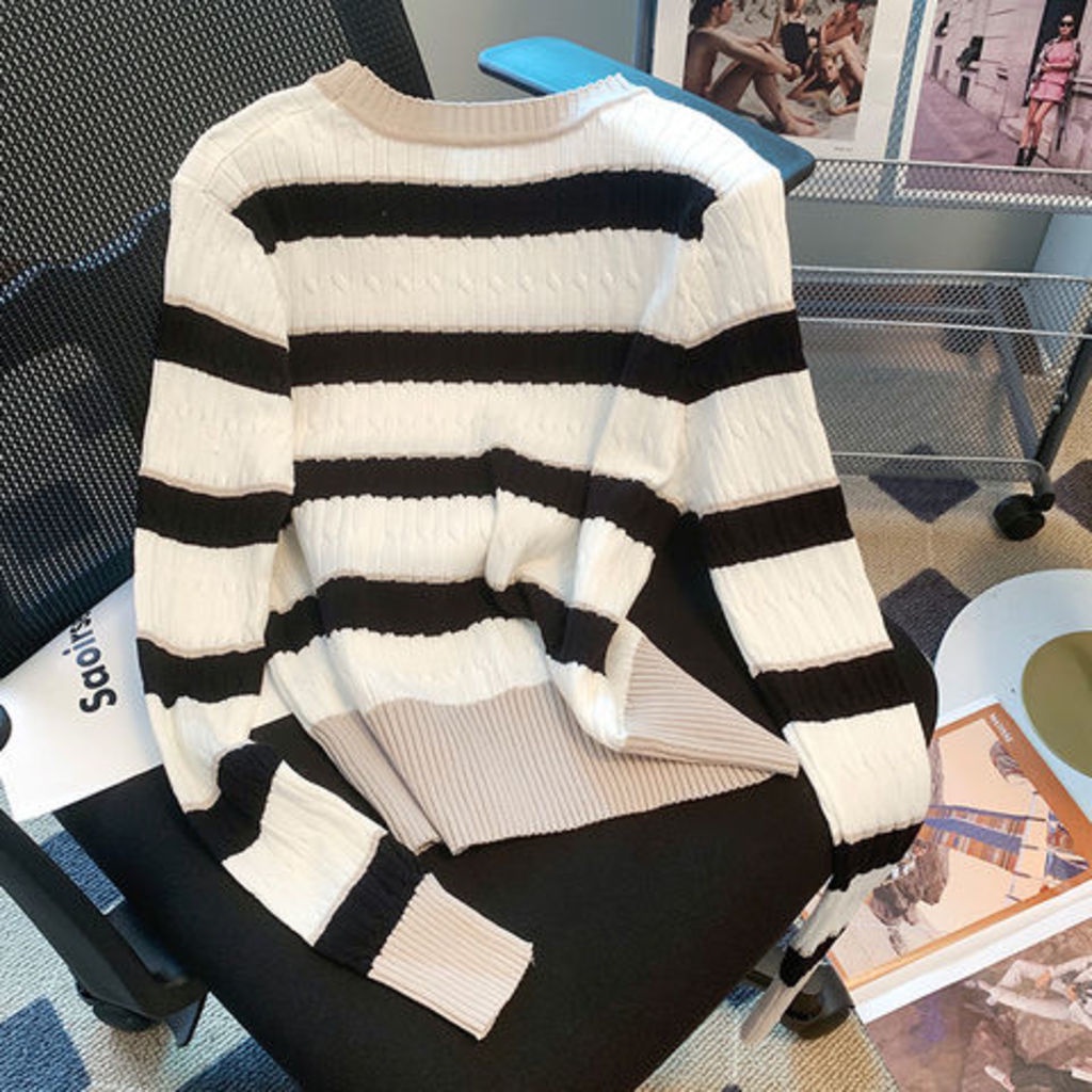 Áo Sweater Dệt Kim Mỏng Kẻ Sọc Màu Tương Phản Kiểu Retro Phương Tây Thời Trang Mùa Thu Cho Nữ