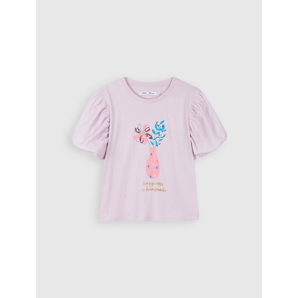 Áo phông bé gái CANIFA cotton 100% cổ tròn tay phồng màu tím họa tiết dễ thương - 1TS21C008