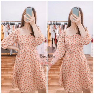 Đầm voan hoa cam cổ u tay phồng vintage