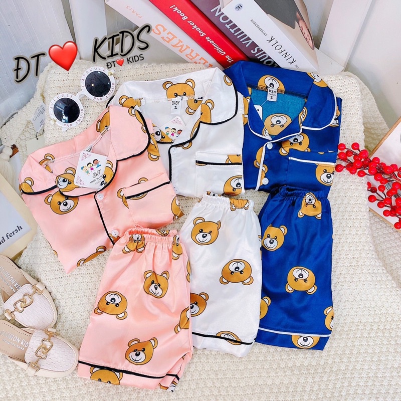 [SET CHO BÉ] Bộ pyjama gấu lụa satin siêu đẹp cho bé