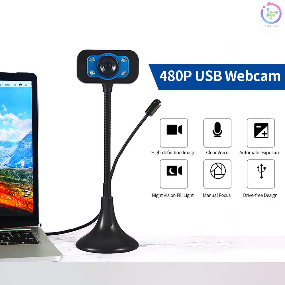 480P USB Webcam Drive-free USB Web Camera with External Microphone Fill Light Lamp Plug and Play for PC Laptop