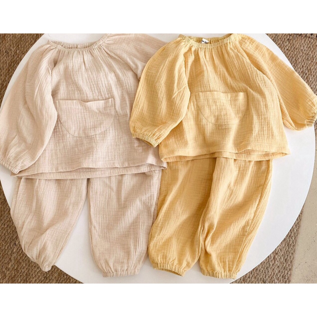 Bộ quần áo dài tay vải xô muslin cao cấp phối túi bụng đáng yêu cho bé QA42 Mimo Baby