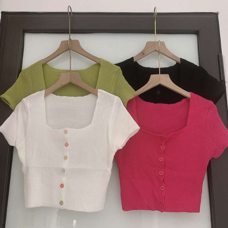 Shynstores Áo croptop nữ vải len dệt kim cúc dọc ngắn tay cao cấp nhiều màu