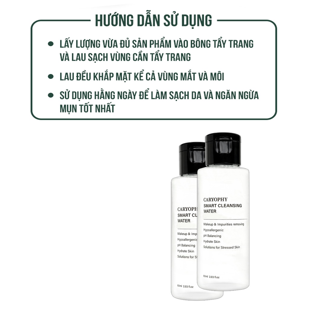 Nước tẩy trang da dầu mụn Caryophy Smart Cleansing Water không cồn Hàn Quốc 60ml