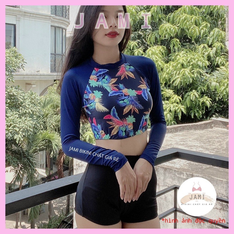 ĐỒ BƠI NỮ BIKINI TAY DÀI QUẦN CẠP CAO BIKINI QUẦN ĐÙI LÁ XANH HOẠ TIẾT NHIỆT ĐỚI - ATD790