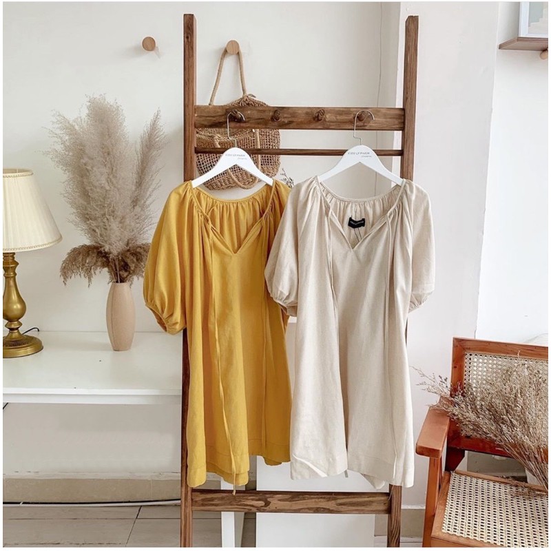 KÈM ẢNH THẬT❤Đầm suông vàng xám tay phồng cột nơ xd