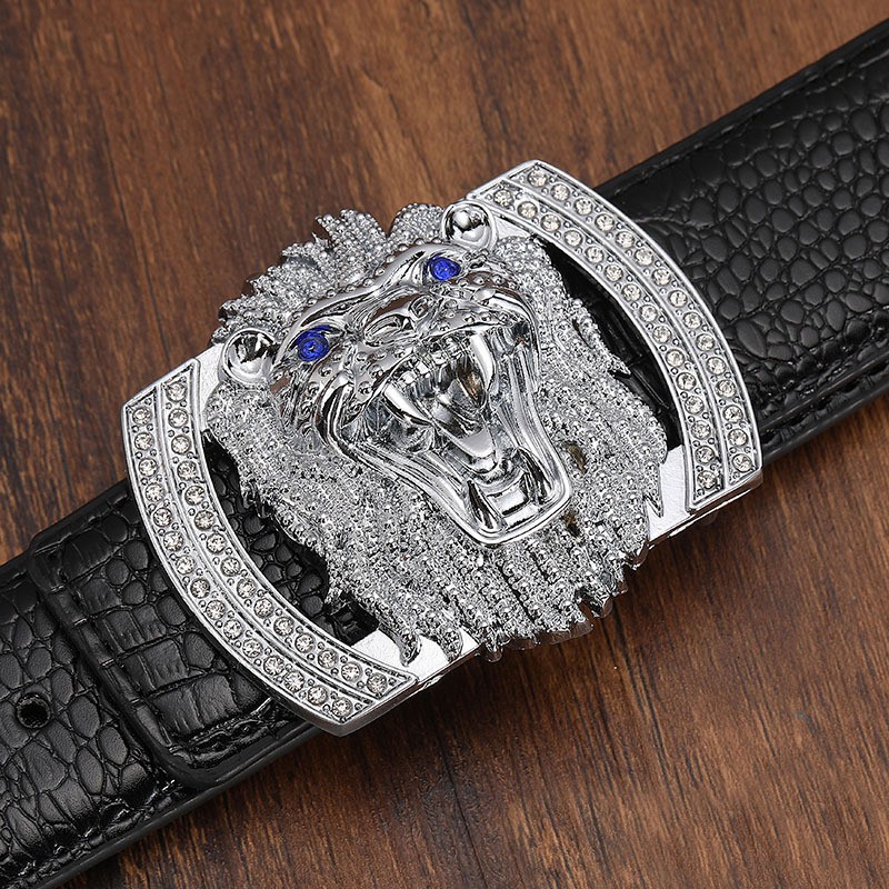 Thắt Lưng Đầu Sư Tử Hợp Kim Đính Đá Cao Cấp, Dây Da Bò Dập Vân Cá Sấu Siêu Ngầu