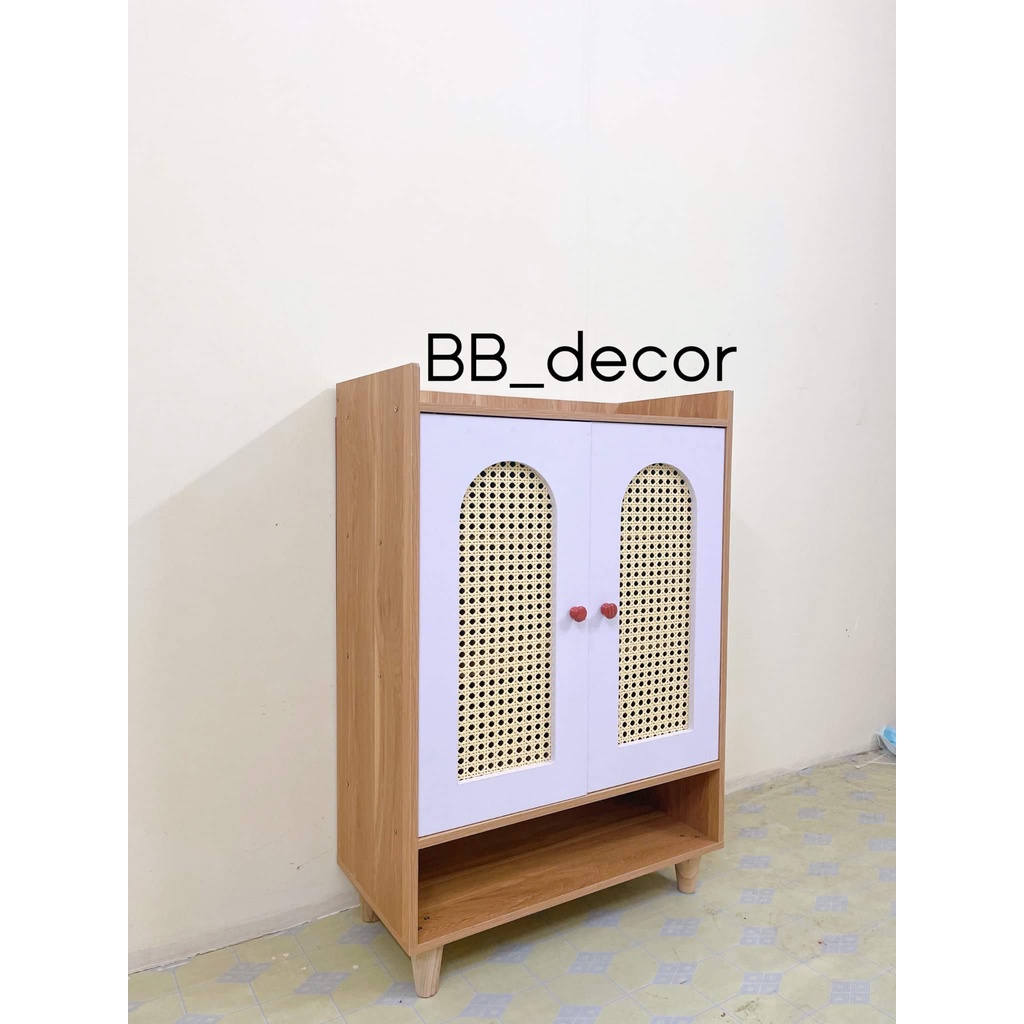 Tủ Đựng Giày Dép Gỗ Sea Decor Có Cánh Cửa Mây Tre Đan Xuất Khẩu Khung Gỗ Cao Cấp Phủ Melamin Chống Ẩm
