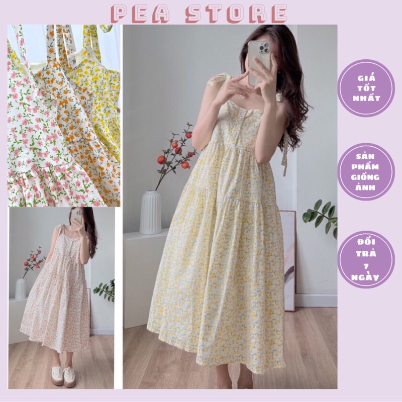 Váy babydoll hai dây hoa nhí thắt nơ vai Pea Store (Ảnh thật)