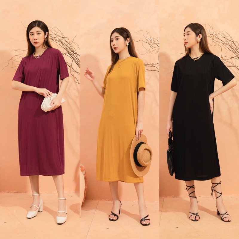 Đầm suông vải dập ly - co giãn 4 chiều phom suông rộng dễ mặc