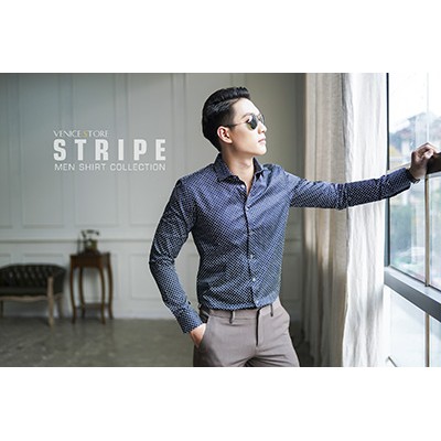 Sơ Mi Nam Dài Tay Công Sở VENISCE - Màu Đen Chấm Bi Trắng Nhỏ, Form Slim Fit, Vải Cotton Pha Sợi .