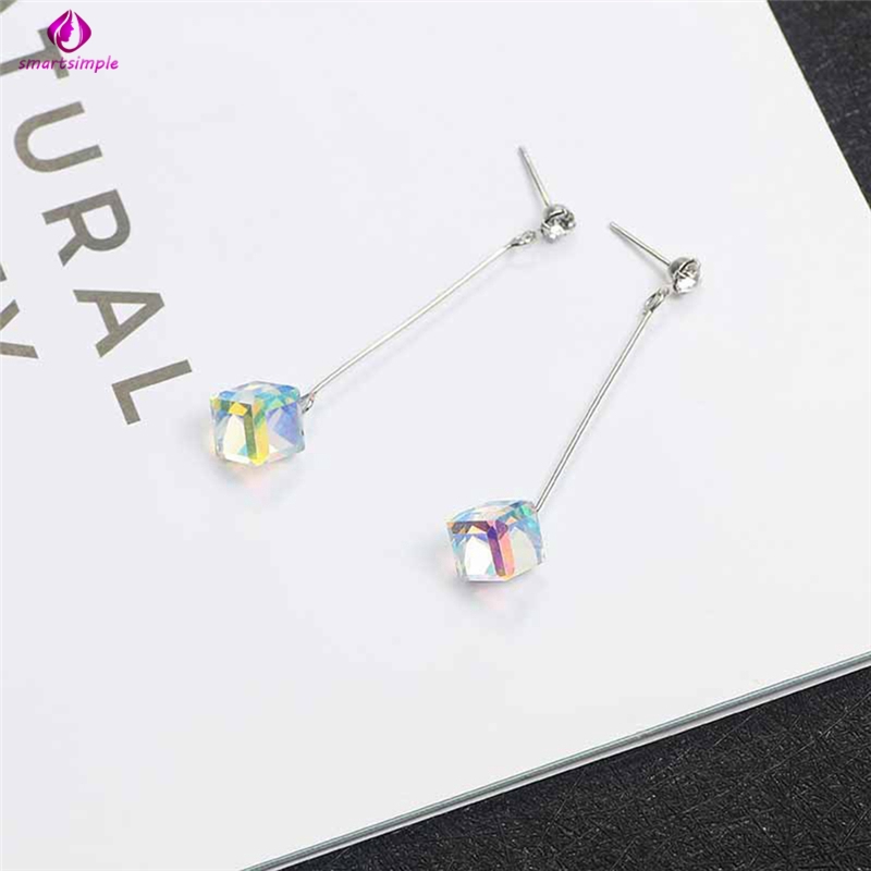 Bông Tai Dáng Dài Hình Khối Pha Lê Trong Suốt Đơn Giản