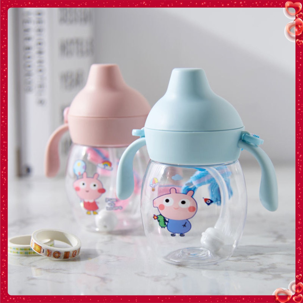 Bình tập uống nước cho bé đi học có dây đeo 280ml - Bình hút sữa hút nước vòi silicon mềm chống sặc an toàn - DC033