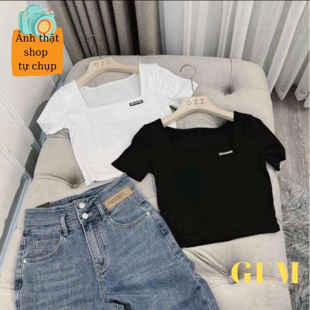 Áo croptop tay ngắn cổ vuông chất thun tăm co giãn tốt , áo thun nữ kiểu hàn quốc