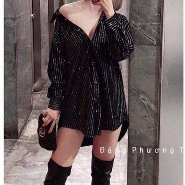 Áo sơmi nhung sọc kim tuyến hàng QCL1