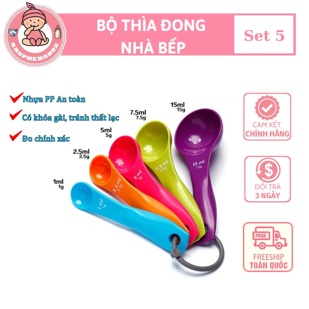 Bộ thìa đong, muỗng đong nhà bếp 5 món (set 5 cái), thìa đo lường, định lượng bột, sữa, thuốc, gia vị bằng nhựa an toàn