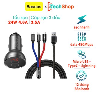 Combo tẩu sạc xe hơi 24W và cáp 3 đầu 3.5A Baseus tiện lợi cho xe hơi ắc quy 12-24V và cáp sạc nhanh 1,2m 4,8A