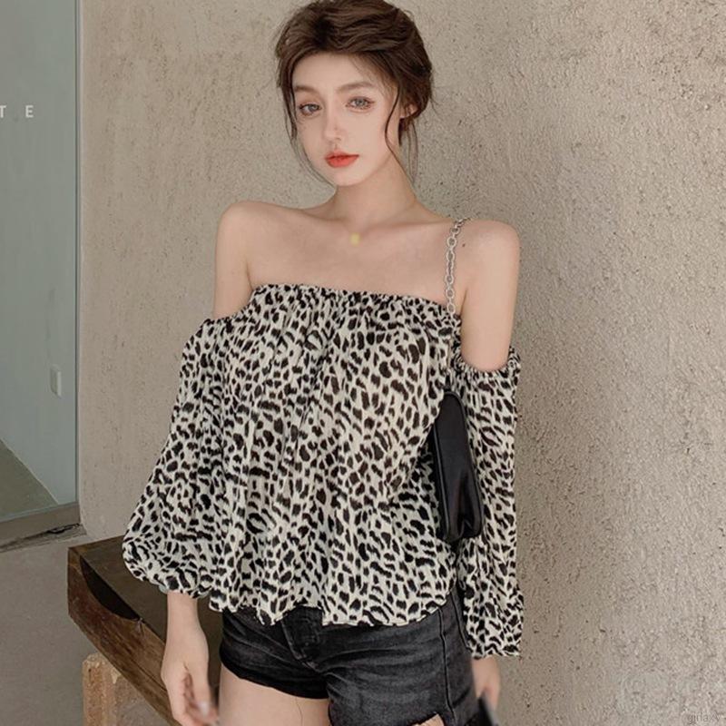 Áo kiểu chiffon trễ vai tay phồng họa tiết da báo quyến rũ thời trang cho nữ