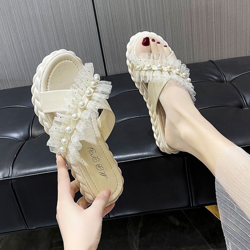 Dép đi biển đế dày đính ngọc trai sang trọng thời trang dành cho nữ