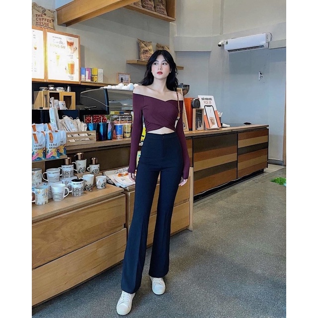 Áo Croptop Tay Dài Đắp Chéo Trễ Vai Ôm - Trơn A5151 | BigBuy360 - bigbuy360.vn