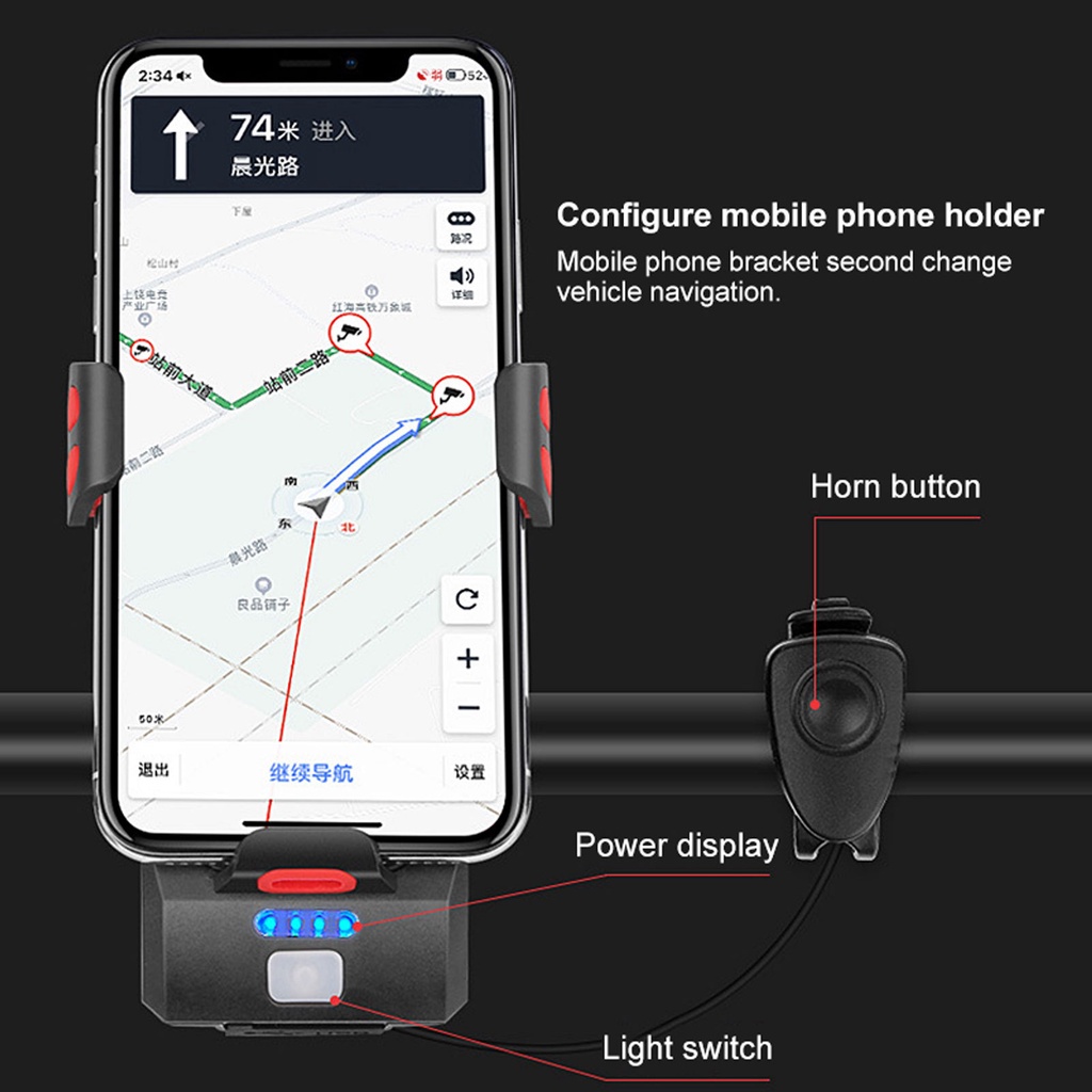 Giá Đỡ Điện Thoại Tích Hợp Đèn Pin 4 Trong 1 3 Bóng LED 4000mAh Đa Năng Gắn Ghi Đông Xe Đạp