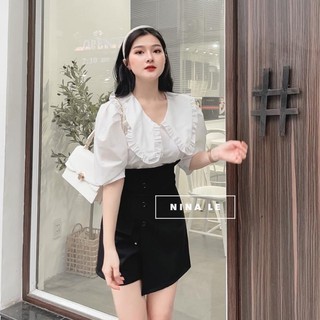 Set áo sơ mi tay bồng  quần váy siêu xinh 💖FREESHIP💖Áo sơ mi cổ bèo mix quần giả váy AD157