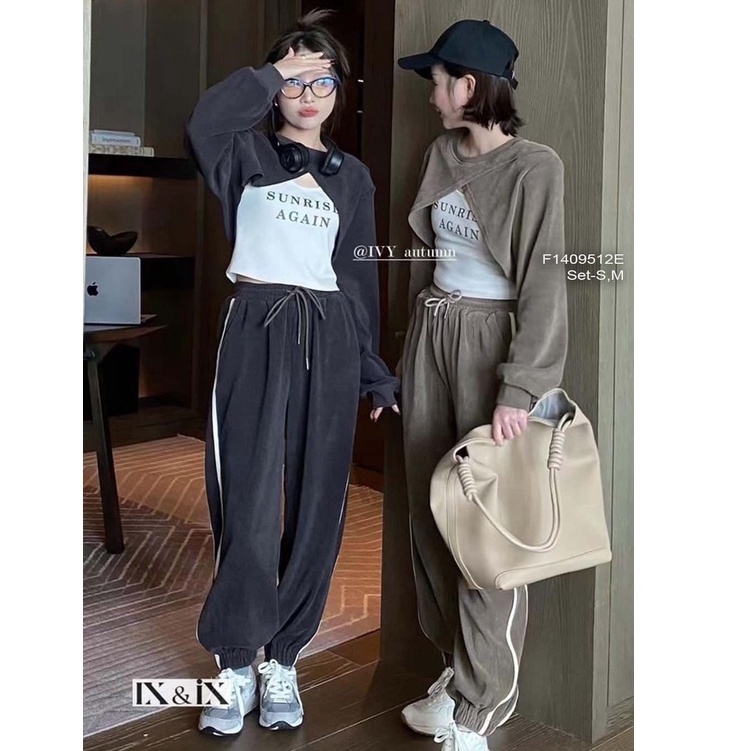 Set bộ áo nhung tăm croptop kiểu tay dài áo thun zip chữ kèm quần nhung tăm!