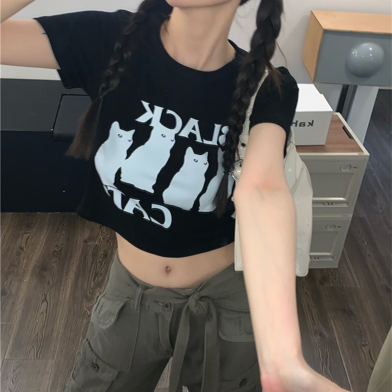 Áo Thun Croptop Tay Ngắn In Hình Mèo Dễ Thương Cho Nữ
