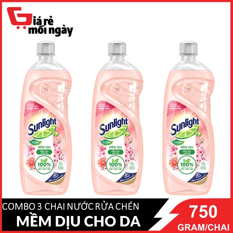 COMBO 3 Chai Nước rửa chén Sunlight Mềm Dịu Hương Bưởi Tây &amp; Hoa Anh Đào chai 750gx3
