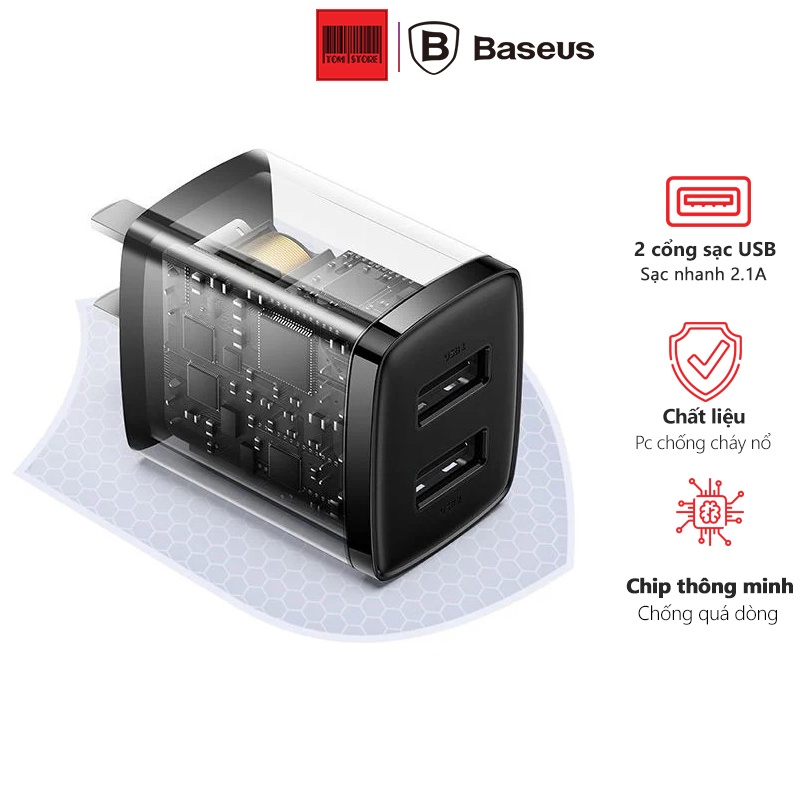 Cốc sạc nhanh 10.5W 2 cổng USB Baseus Compact - củ sạc nhanh hỗ trợ sạc 2 điện thoại cùng lúc