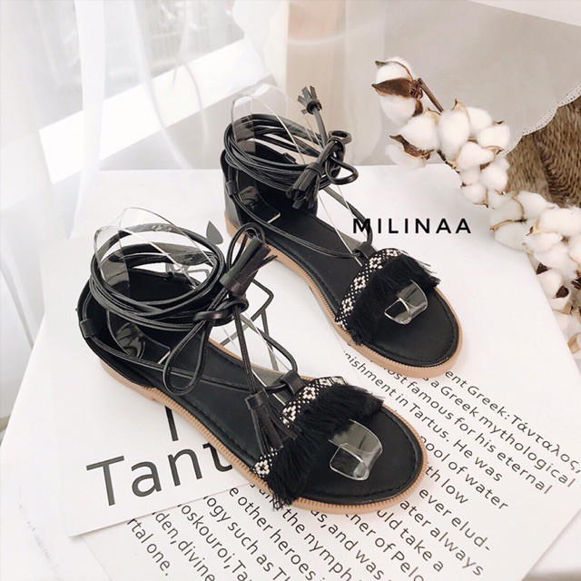 [Drop] Giày sandal thổ cẩm buộc dây màu đen phong cách boho