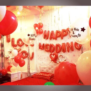 sét trang trí phòng cưới bao gồm bóng chữ HAPPY WEDDING + bóng nhôm tim to+bóng bay nhũ