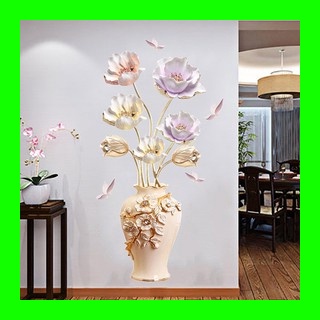 Decal dán tường bình hoa ly 3D trắng hồng