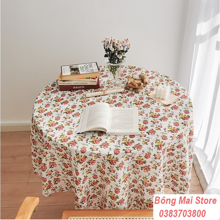 [100*150cm] Khăn trải bàn, thảm picnic vải canvas trắng đỏ họa tiết bông hồng phong cách vintage - T046