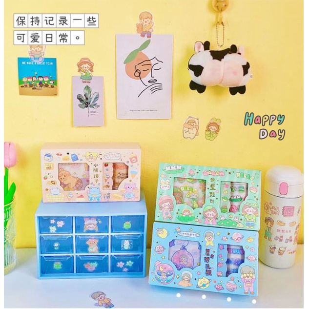 Hộp washi kèm sticker trang trí nhũ lấp lánh dễ thương đồng bộ