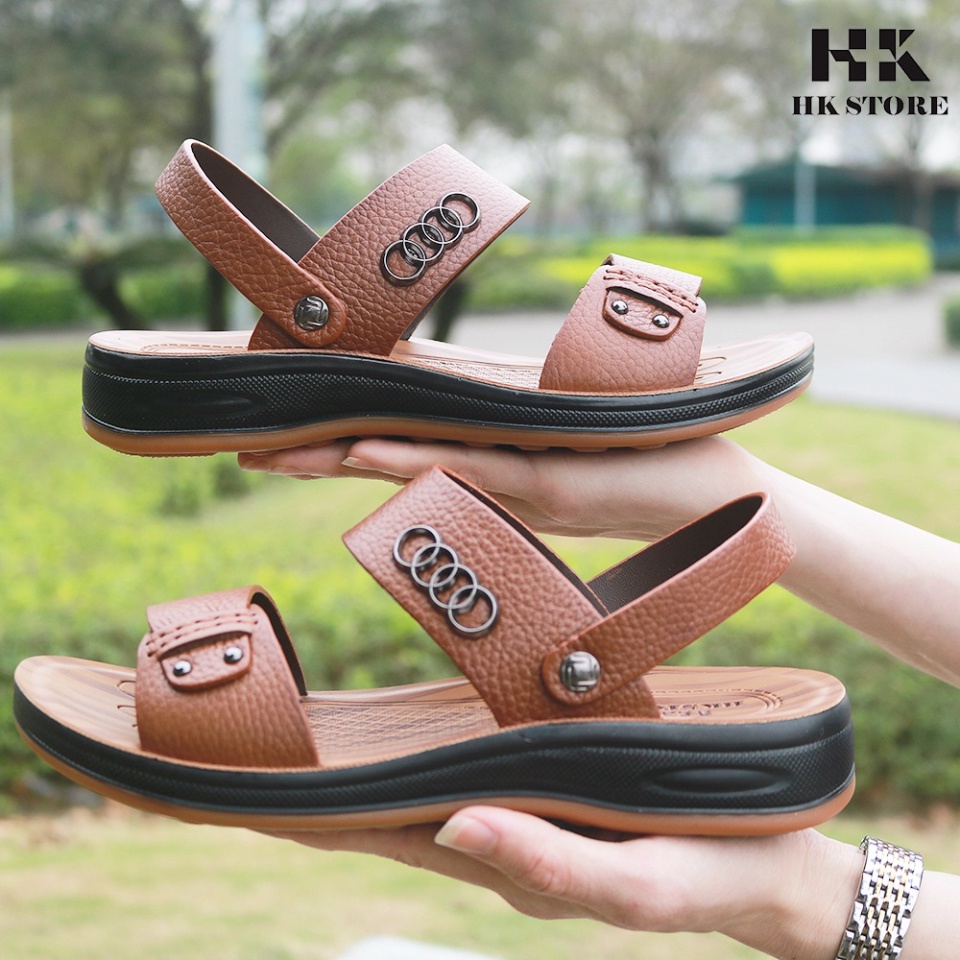 Dép da nam - Xăng đan nam 2 quai đế kếp cao 3.5cm khâu may chân quai chắc chắn - hàng chính hãng HK.STORE -