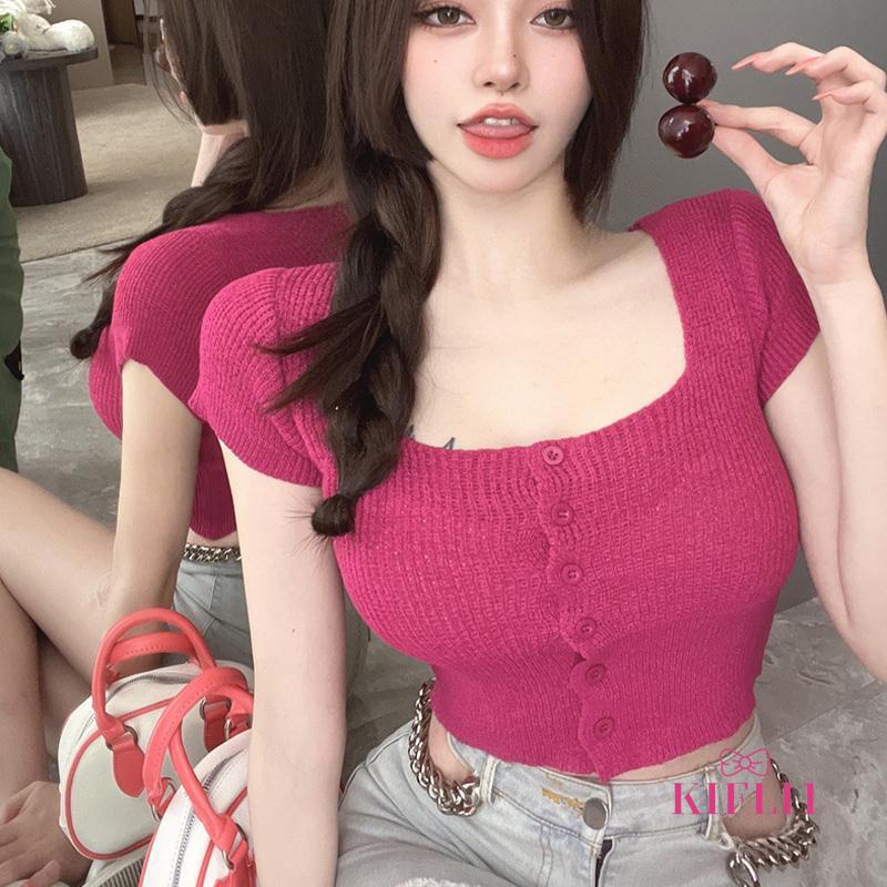 🌈Áo Croptop Dệt Kim Tay Ngắn Cổ Vuông Phong Cách Hàn Quốc Quyến Rũ Cho Nữ