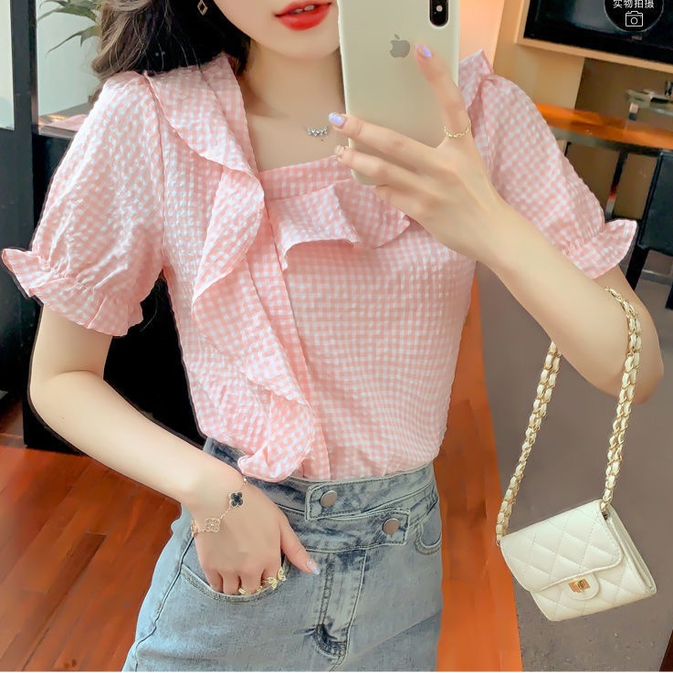 Áo Sơ Mi chiffon Tay Ngắn Họa Tiết Sọc Caro Thời Trang Dành Cho Nữ