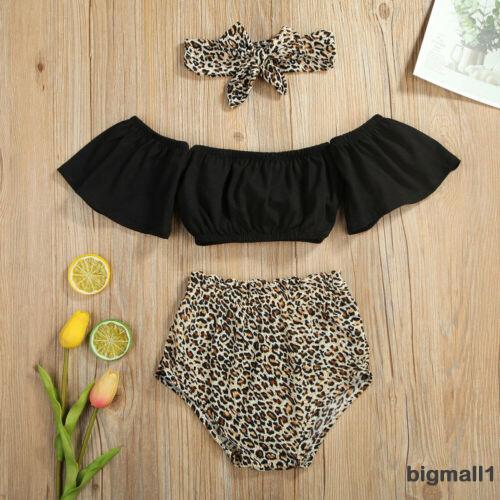 Set trang phục bé gái thời trang với áo trễ vai+quần short da báo+băng đô
