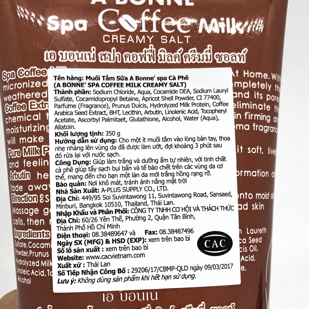 Muối Tắm Cà Phê Tẩy Tế Bào Chết A Bonne Spa Coffee Milk Salt - Shower Formula, Muối Tắm Cafe Thái Lan - Dạng Tuýp 350gr